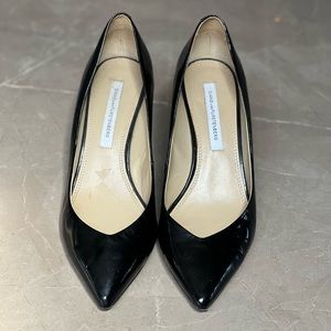 Diane von Furstenberg Black Park Low Pointy Toe Saffiano Patent Pump Wedges